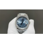 Sunday calendar series women's watch, ice blue dial, diamond-set bezel, 36mm, diamond-set silver President-style bracelet.